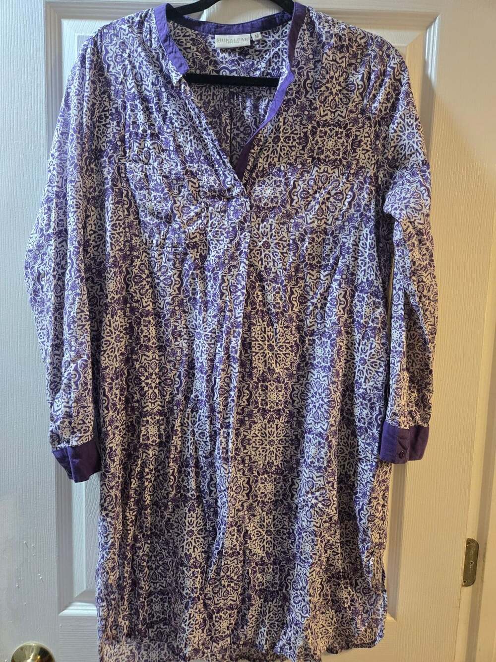 ShiraLeah Chicago Tunic Dress Size M Purple White Print Cotton Long Sleeve